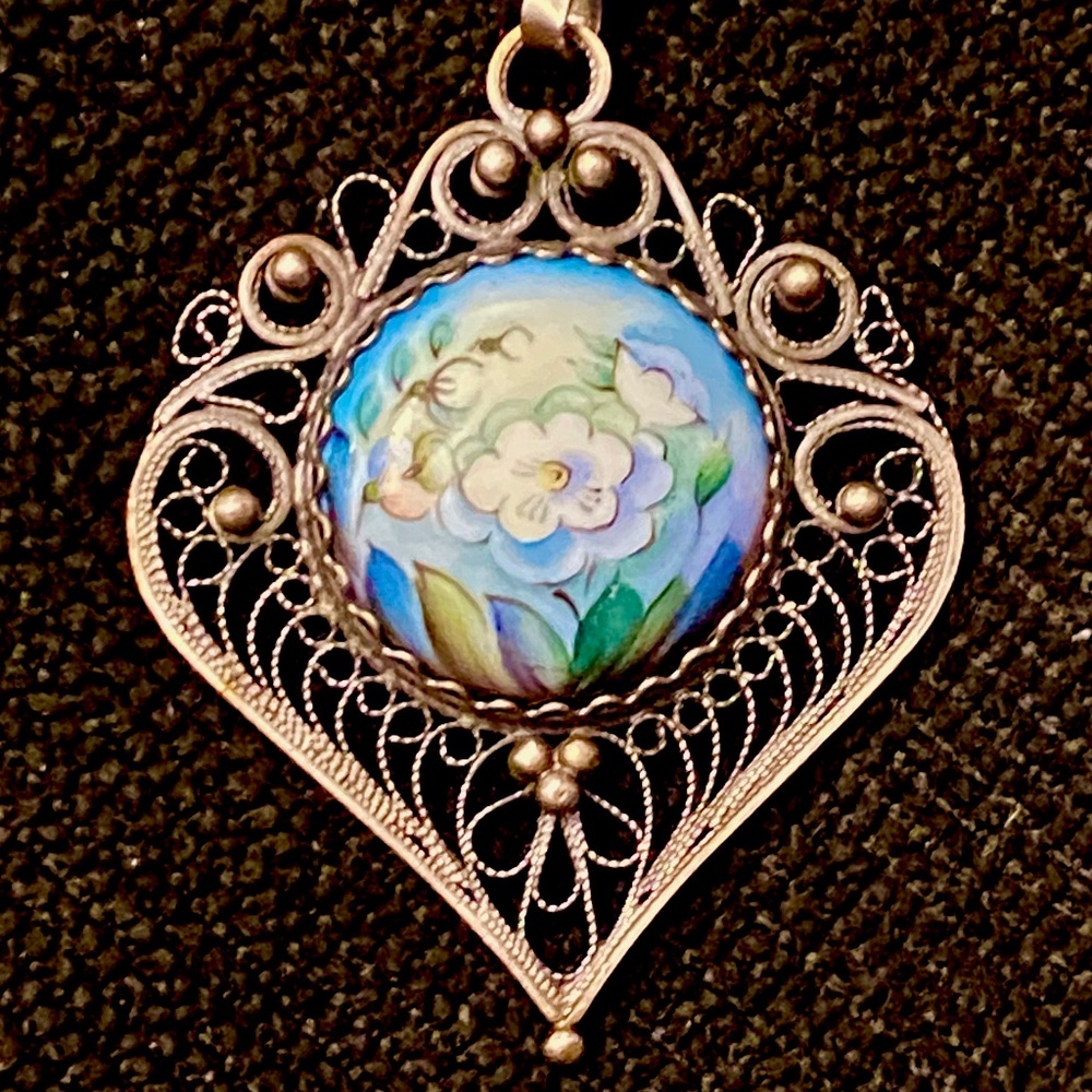 Vintage Russian Finift Painted Enamel Floral Flower Filigree Silver Pendant